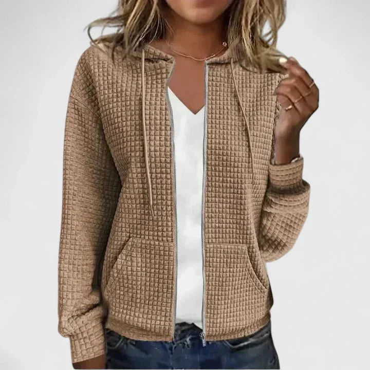 Women's waffle-knit hooded cardigan sweater with full-zip front pockets – Khaki