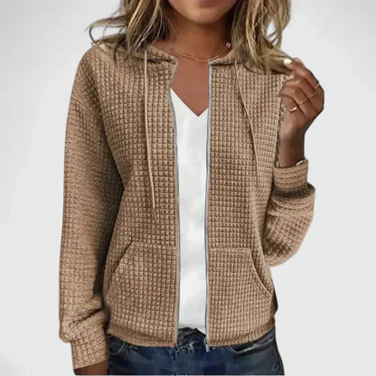 Women's waffle-knit hooded cardigan sweater with full-zip front pockets – Khaki
