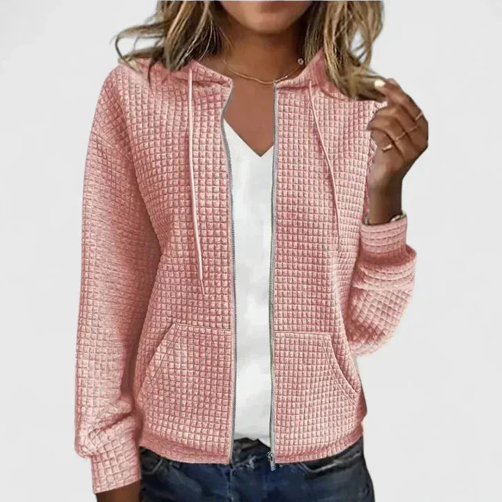 Women's waffle-knit hooded cardigan sweater with full-zip front pockets – Pink
