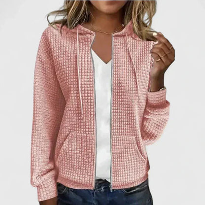 Women's waffle-knit hooded cardigan sweater with full-zip front pockets – Pink