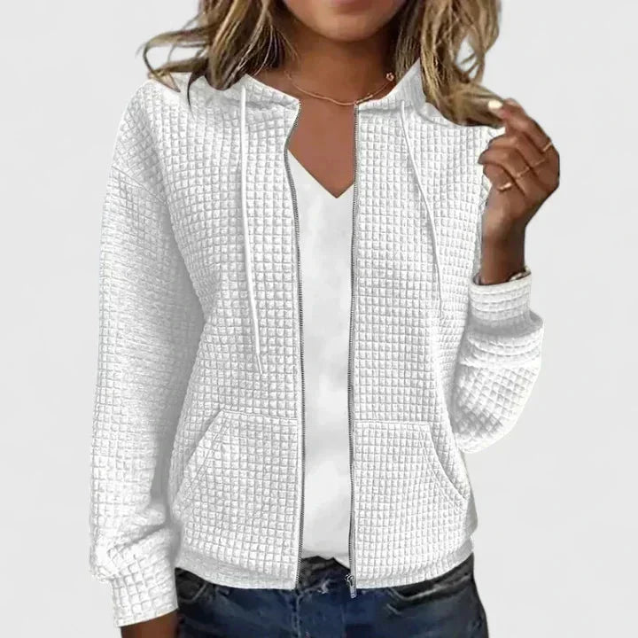 Women's waffle-knit hooded cardigan sweater with full-zip front pockets – White