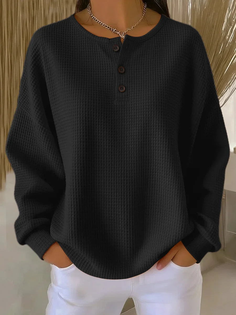 Women's waffle knit long sleeve tee shirt with Henley button placket – Black