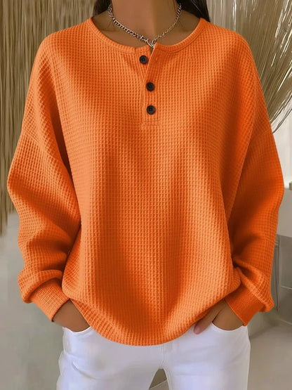 Women's waffle knit long sleeve tee shirt with Henley button placket – Orange