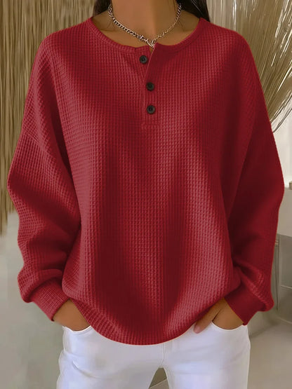 Women's waffle knit long sleeve tee shirt with Henley button placket – Red
