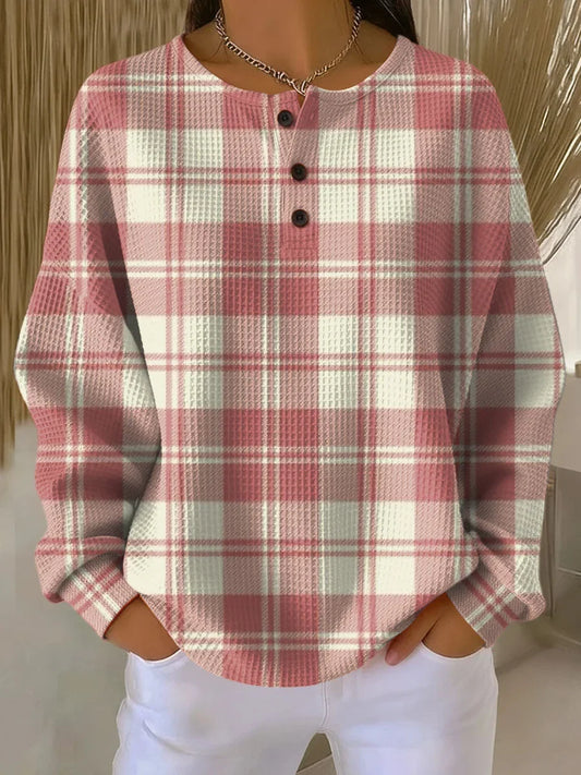 Women's waffle-knit plaid long-sleeve knit sweater with henley buttons – Multicolor