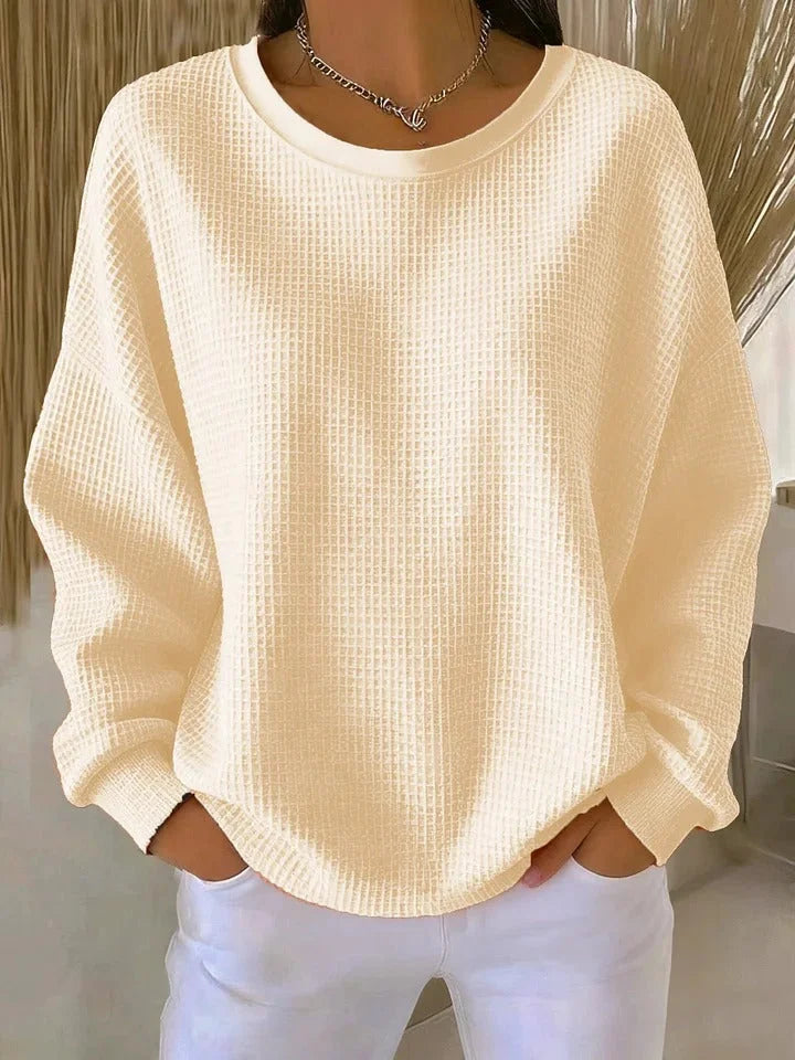 Women's waffle knit sweater with a relaxed fit and long sleeves – Apricot