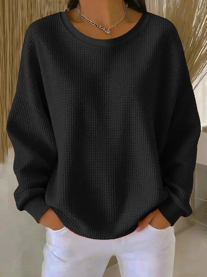Women's waffle knit sweater with a relaxed fit and long sleeves – Black