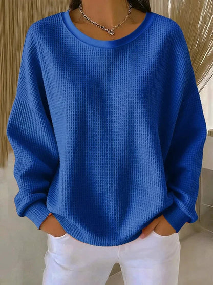 Women's waffle knit sweater with a relaxed fit and long sleeves – Blue