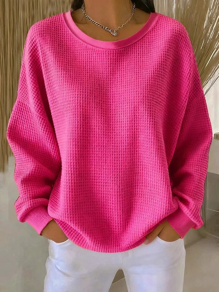 Women's waffle knit sweater with a relaxed fit and long sleeves – Fuchsia