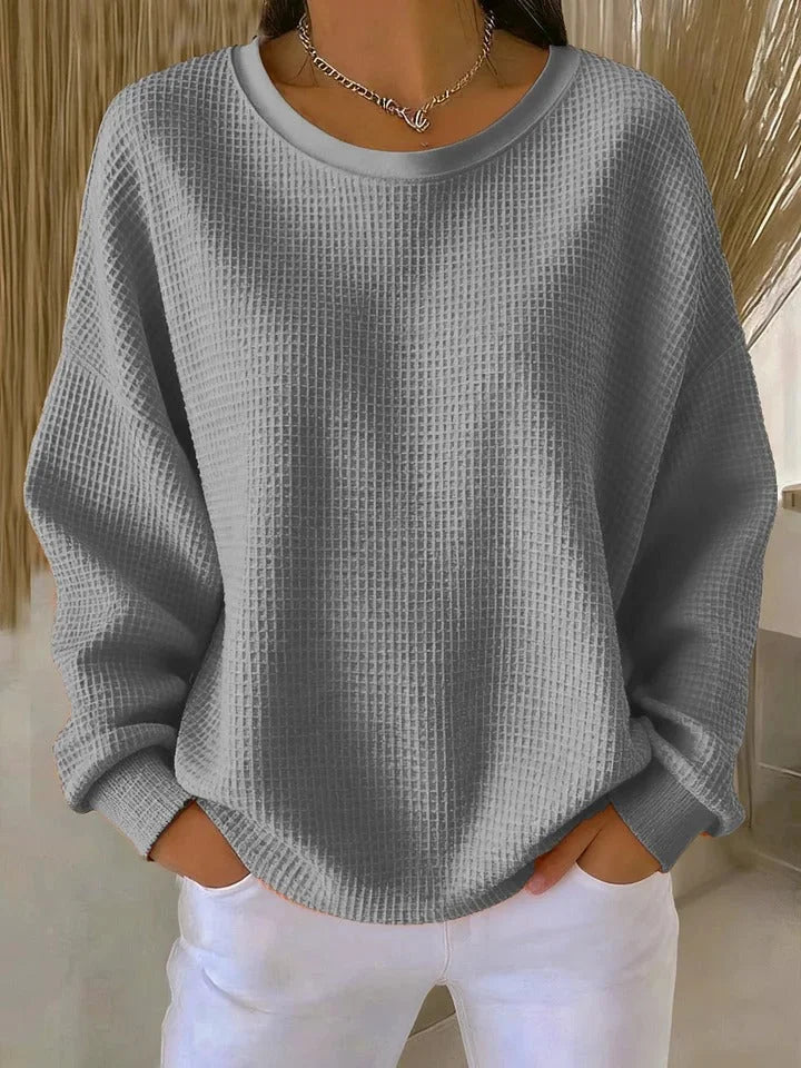 Women's waffle knit sweater with a relaxed fit and long sleeves – Grey