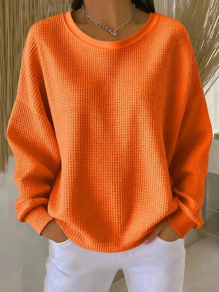 Women's waffle knit sweater with a relaxed fit and long sleeves – Orange