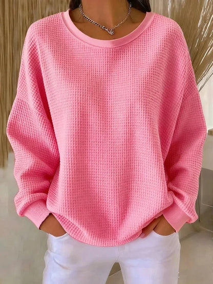 Women's waffle knit sweater with a relaxed fit and long sleeves – Pink