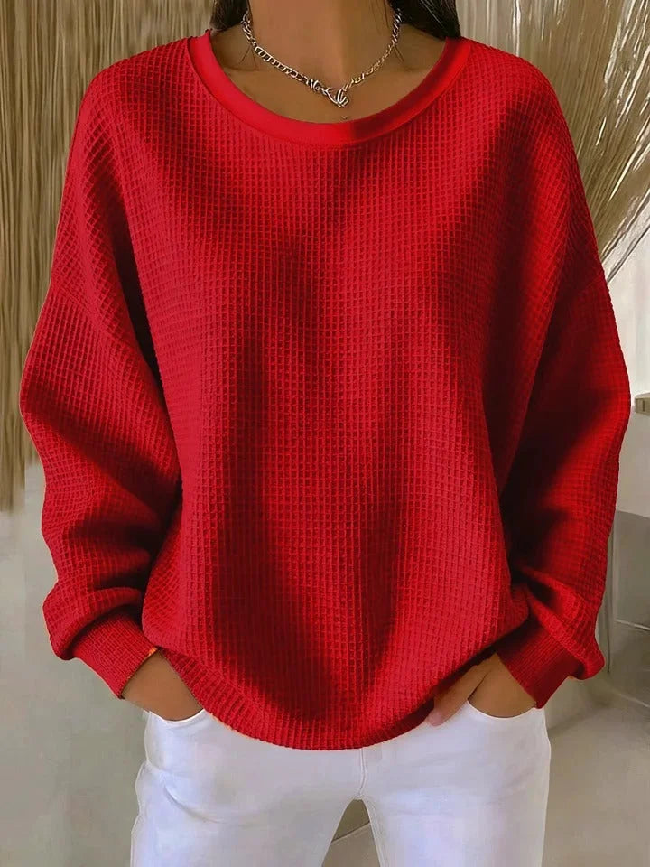 Women's waffle knit sweater with a relaxed fit and long sleeves – Red