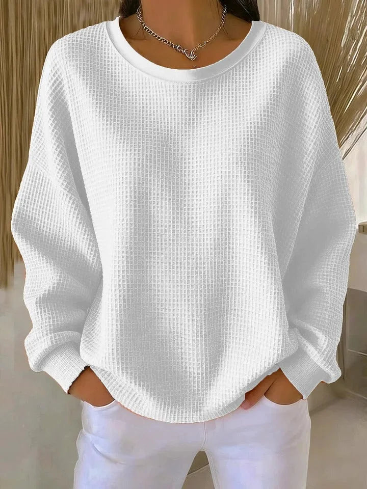 Women's waffle knit sweater with a relaxed fit and long sleeves – White