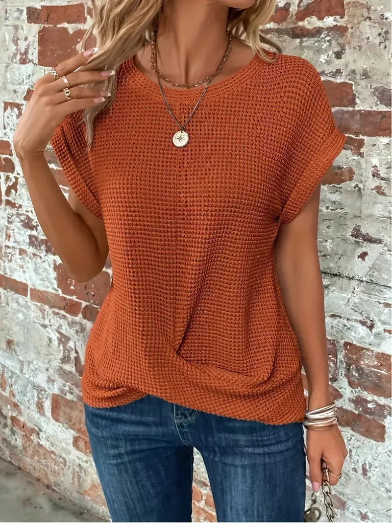 Women's waffle knit sweater with crew-neck short sleeves and front twist – Brown Orange
