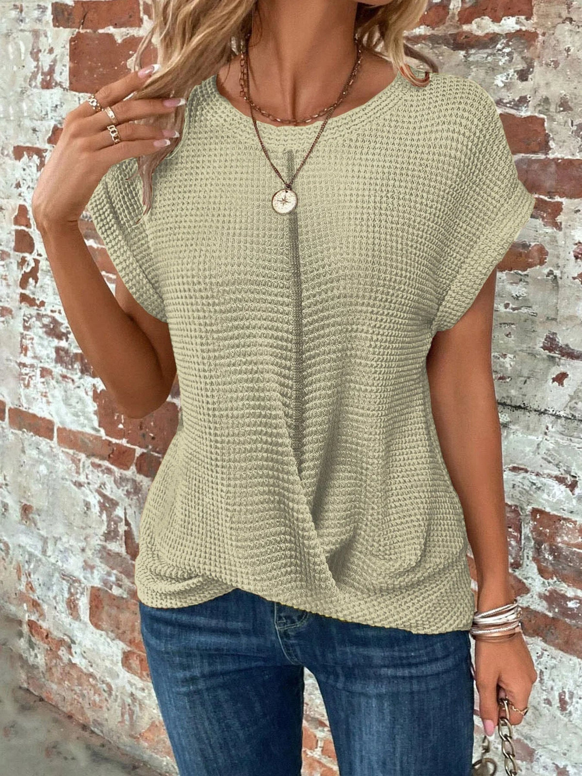 Women's waffle knit sweater with crew-neck short sleeves and front twist – Light Green