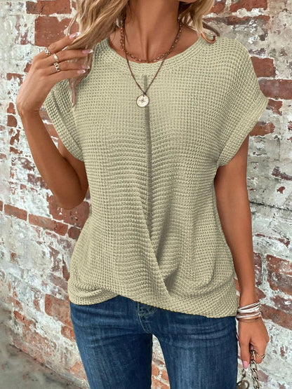 Women's waffle knit sweater with crew-neck short sleeves and front twist – Light Green