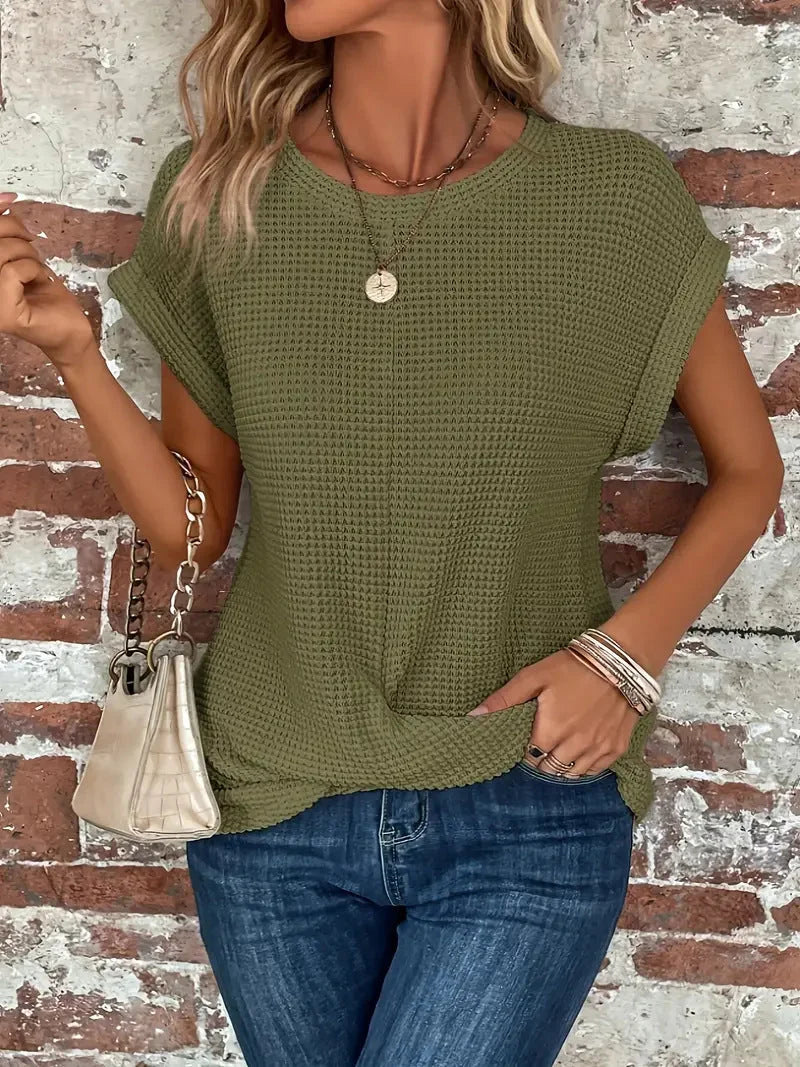 Women's waffle knit sweater with crew-neck short sleeves and front twist – Olive Green