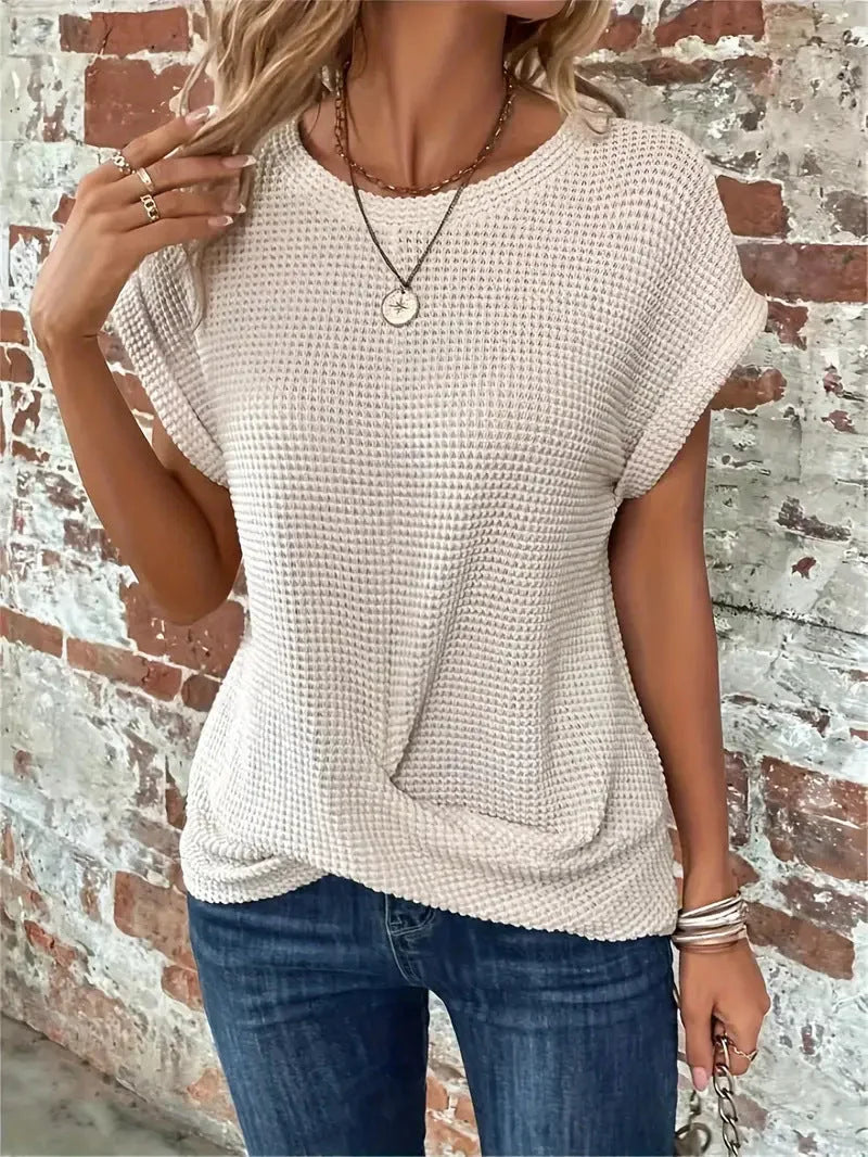Women's waffle knit sweater with crew-neck short sleeves and front twist – Pinkish Grey