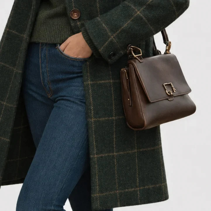 Women's warm blend checkered wool coat with button-front and lapel collar – Green