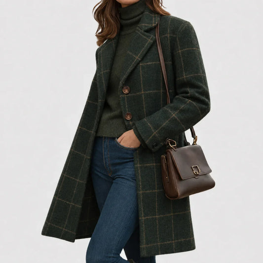 Women's warm blend checkered wool coat with button-front and lapel collar – Green
