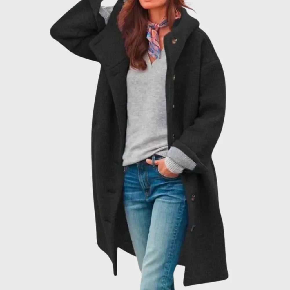 Women's warm classic long hooded textured wool coat with button-front – Black