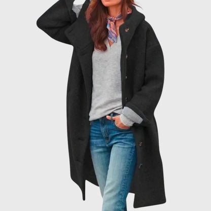 Women's warm classic long hooded textured wool coat with button-front – Black