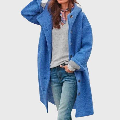 Women's warm classic long hooded textured wool coat with button-front – Blue