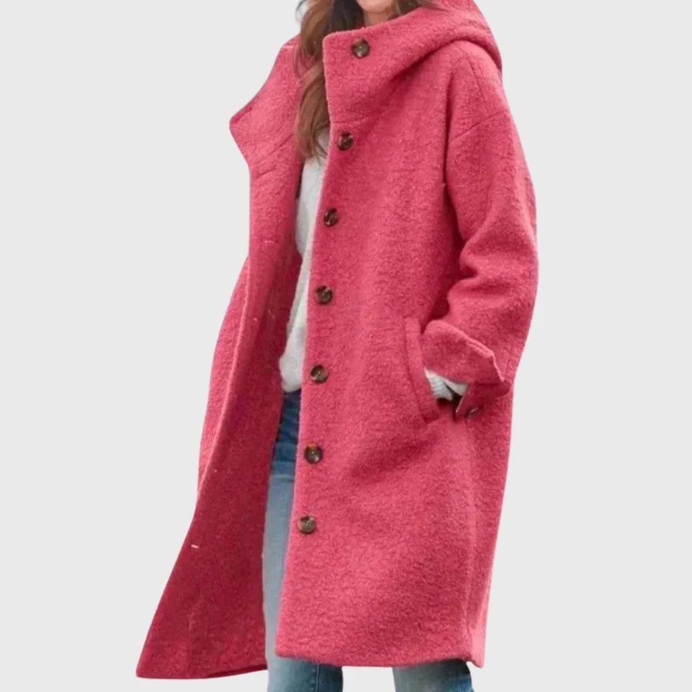 Women's warm classic long hooded textured wool coat with button-front – Pink