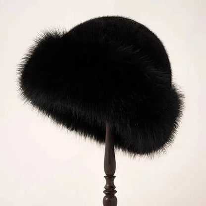 Women's warm fluffy faux fur winter hat with wide cuffed brim – Black