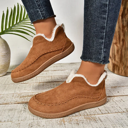 Women's warm fur-lined slip-on ankle boots with thick sole and moc-toe stitching