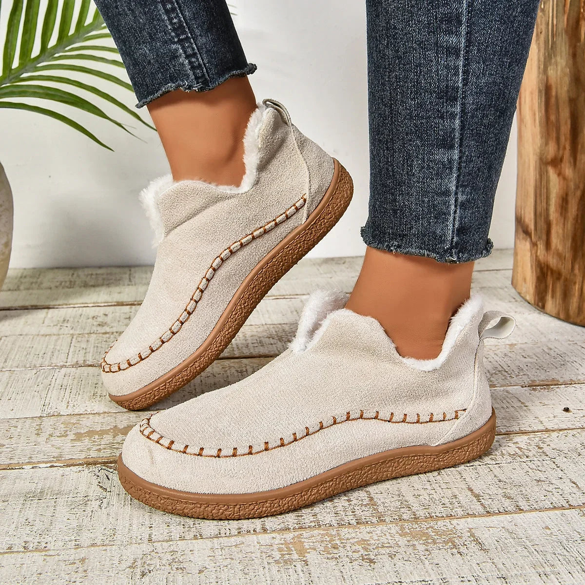 Women's warm fur-lined slip-on ankle boots with thick sole and moc-toe stitching – Beige