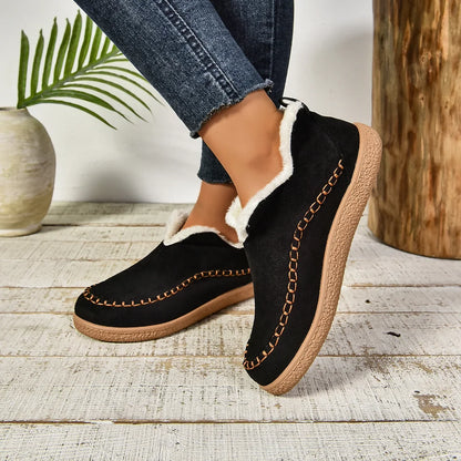 Women's warm fur-lined slip-on ankle boots with thick sole and moc-toe stitching – Black
