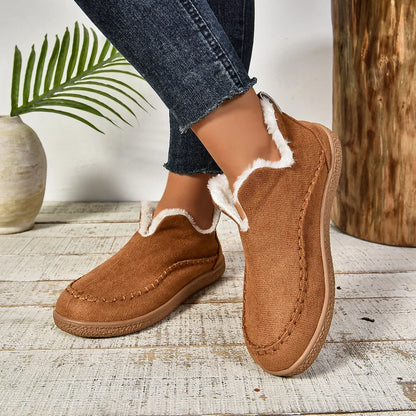 Women's warm fur-lined slip-on ankle boots with thick sole and moc-toe stitching – Brown