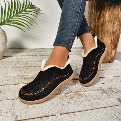 Women's warm fur-lined slip-on ankle boots with thick sole and moc-toe stitching