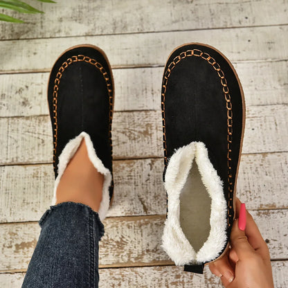 Women's warm fur-lined slip-on ankle boots with thick sole and moc-toe stitching