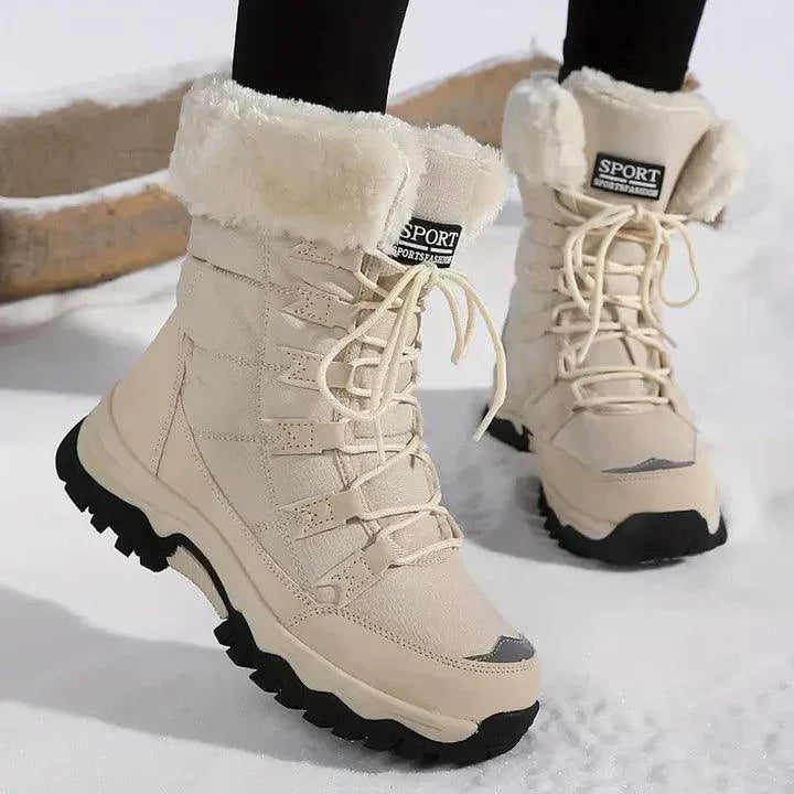 Women's warm waterproof fur-lined winter boots with lace-up quilted design – Beige