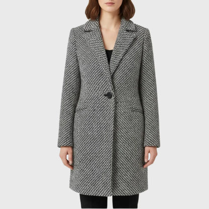 Women's warm winter houndstooth mid-length wool coat with quilted lining – Grey
