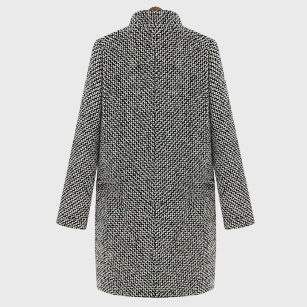 Women's warm winter houndstooth mid-length wool coat with quilted lining – Grey