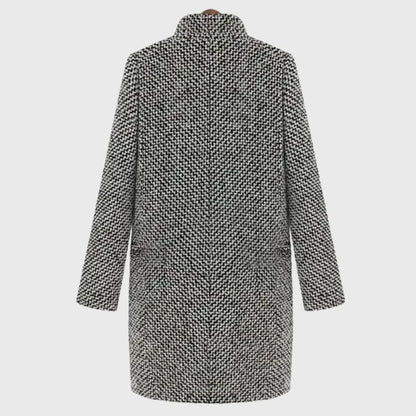 Women's warm winter houndstooth mid-length wool coat with quilted lining – Grey