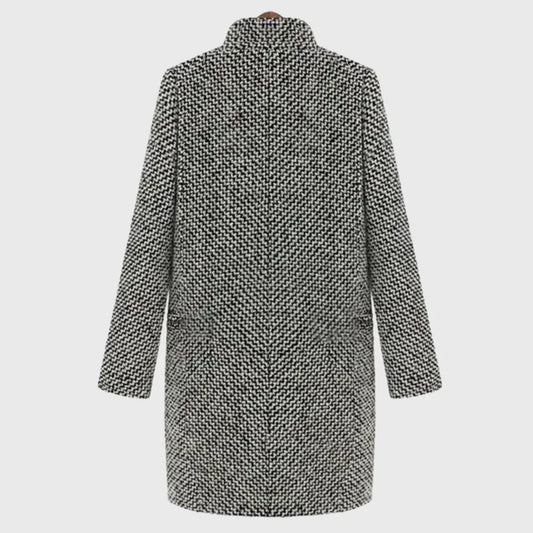 Women's warm winter houndstooth mid-length wool coat with quilted lining – Grey