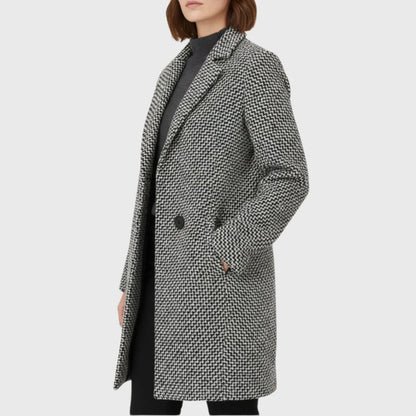 Women's warm winter houndstooth mid-length wool coat with quilted lining – Grey