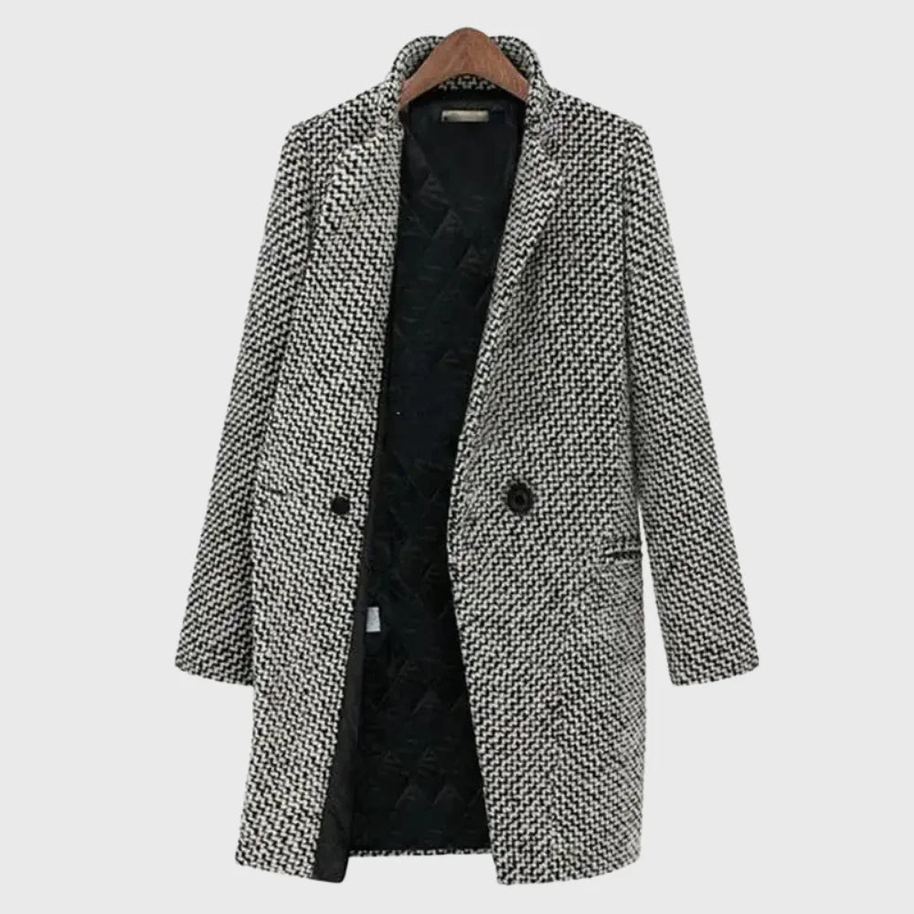 Women's warm winter houndstooth mid-length wool coat with quilted lining – Grey