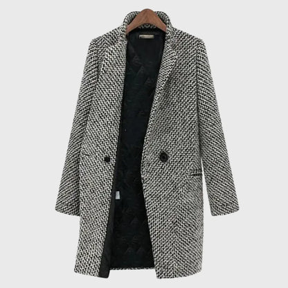 Women's warm winter houndstooth mid-length wool coat with quilted lining – Grey