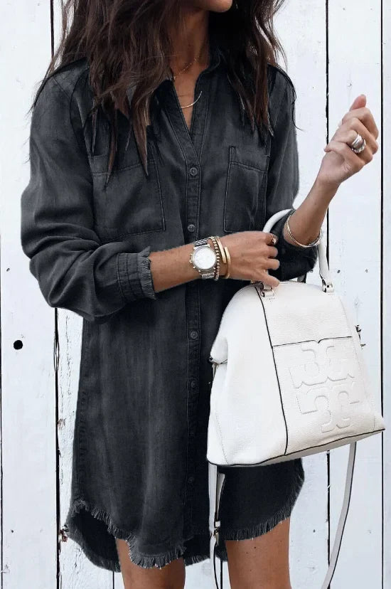 Women's washed denim button-front mini dress with long sleeves and frayed hem – Black