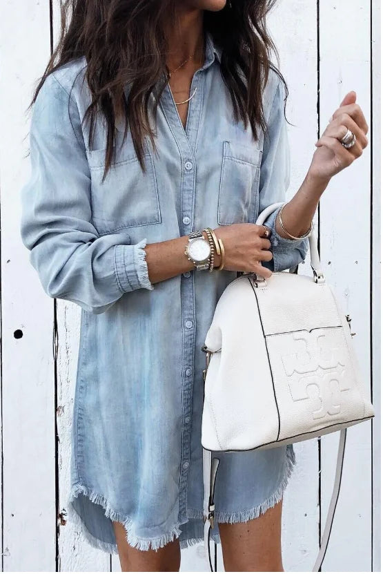 Women's washed denim button-front mini dress with long sleeves and frayed hem – Blue