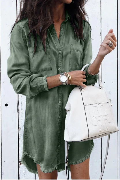 Women's washed denim button-front mini dress with long sleeves and frayed hem – Green