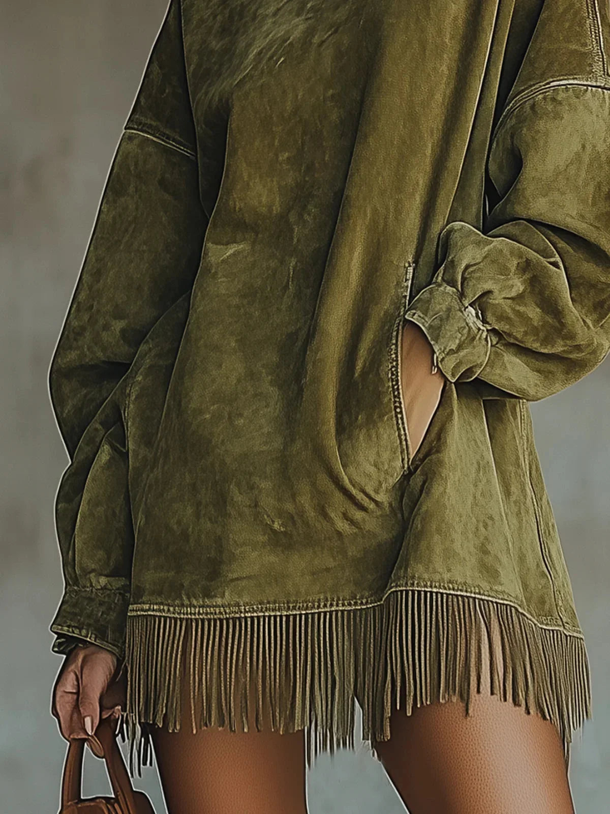 Women's washed oversized mini dress with high-neck and fringe hem
