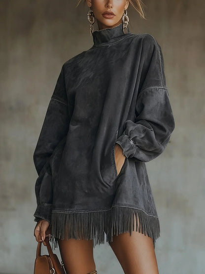 Women's washed oversized mini dress with high-neck and fringe hem – Dark grey