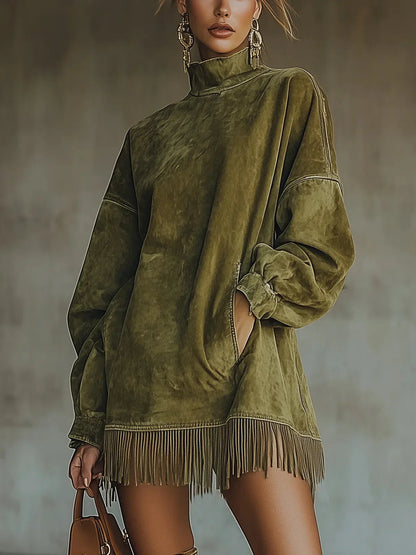 Women's washed oversized mini dress with high-neck and fringe hem – Green